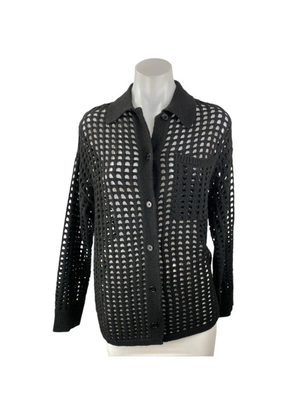 Black Open Weave Button-Up Cardigan
